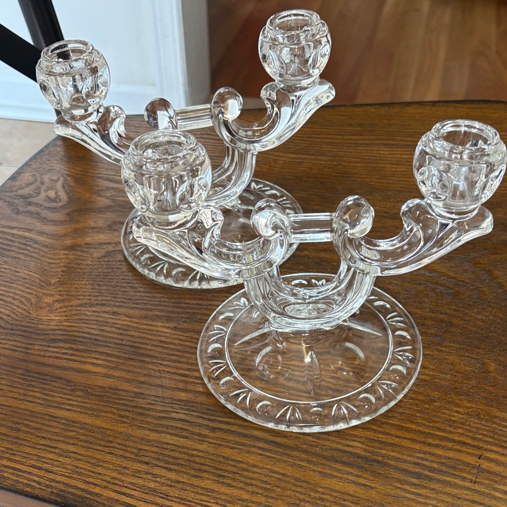 Intricate Clear Glass Double Candelabra Holders